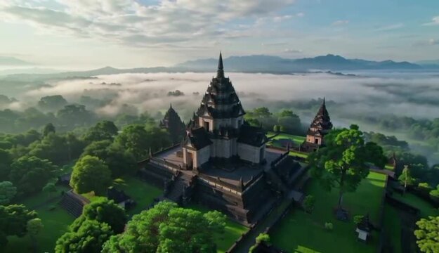 A stunning aerial view shows a majestic temple or shrine situated on a lush green hilltop.