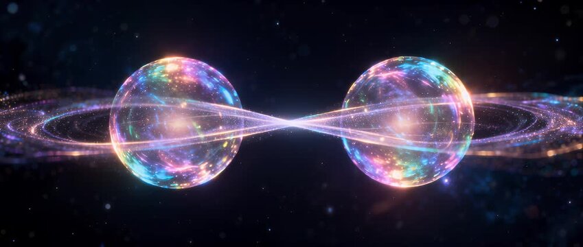 Pure science background quantum entanglement glowing energy sphere connection abstract futuristic light orbit colorful cosmic fantasy imagination curiosity wave swirl digital illustration art cosmos