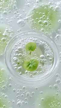 ertical 9:16 macro video of transparent cosmetic gel with green Centella Asiatica leaf and air bubbles, k-beauty concept