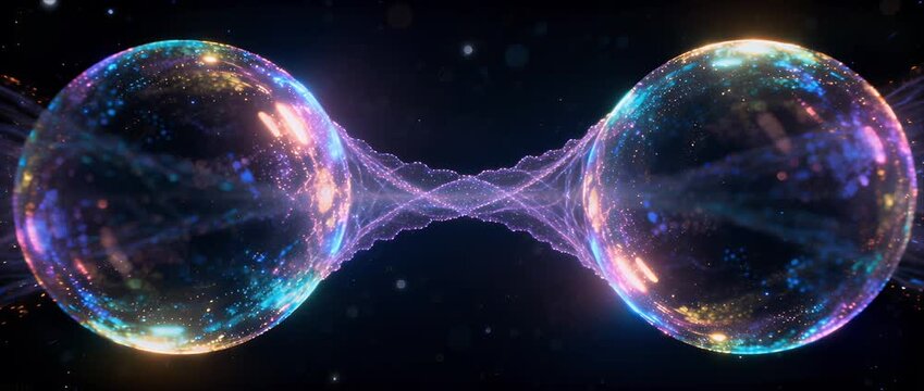 Pure science background quantum entanglement bubble with glowing particle string connection fantasy cosmos energy wave abstract digital particle flow cosmic light futuristic physics concept