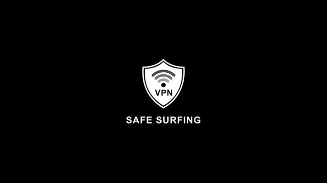 V P N safe surfing internet security shield with Wi- Fi symbol and text on black background shield wi-fi symbol
