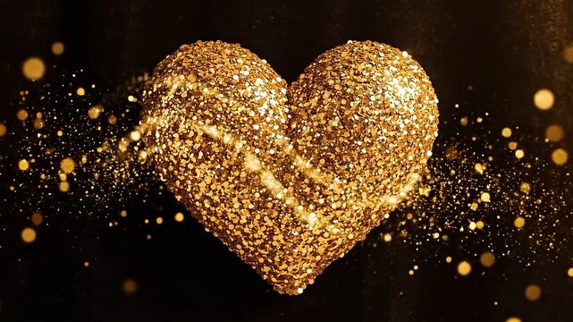 Golden Glittering Heart with Bokeh Lights on Black Background.