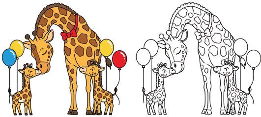 Lovely Vector Illustration of a Giraffe Family with Baby Giraffes and Balloons for Children's Coloring Pages and Nursery Designs in Color and Black and White © AbuNazam