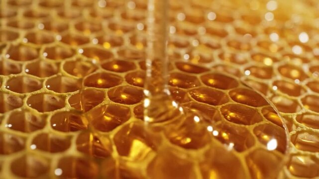 Honey flowing into a honeycomb cell close-up view of golden honeycomb pattern