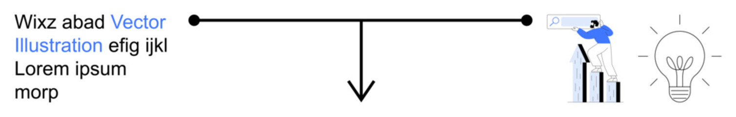 Business growth, innovation, idea generation, teamwork, strategy, development. A person stands next to bar graphs with a light bulb and downward arrow. Business growth and innovation concept © robu_s