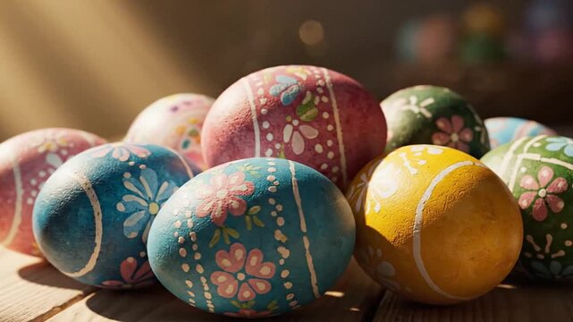 Vintage hand painted Easter eggs with floral patterns, rustic colorful holiday eggs on wooden table, traditional spring celebration background