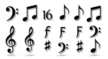 Collection of Musical Notes and Symbols on White Background. © Asrofi