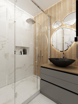 Modern bathroom interior with glass shower, wooden panels, marble walls and soft lighting, featuring a stylish black sink and minimal design for a calm, luxurious atmosphere