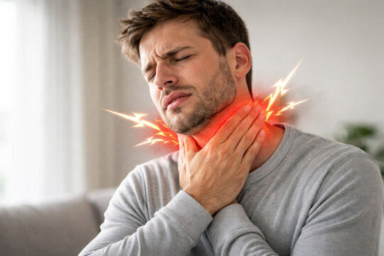 Young man having sore throat and neck pain with inflammation effect