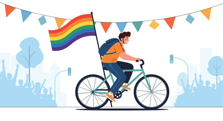 Fototapeta premium Person wearing a backpack and helmet rides a bicycle with a large rainbow pride flag attached while participating in a festive city parade event.