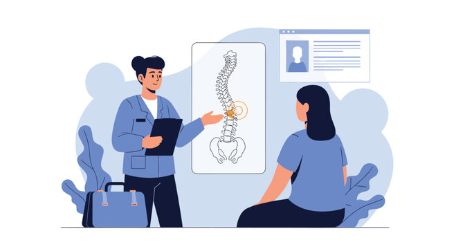 Professional female doctor explains spinal scoliosis to a patient using an anatomical chart during a medical checkup.