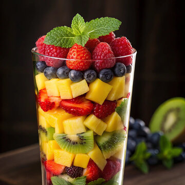 Fresh Mixed Fruit Parfait with Strawberry, Kiwi, Mango and Blueberry