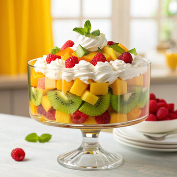 Fresh fruit salad in a glass bowl healthy food 
