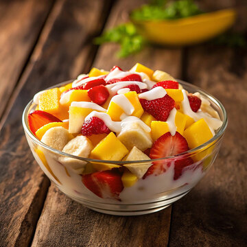 Creamy Tropical Fruit Salad with Mango, Strawberry, and Banana in Glass Bowl