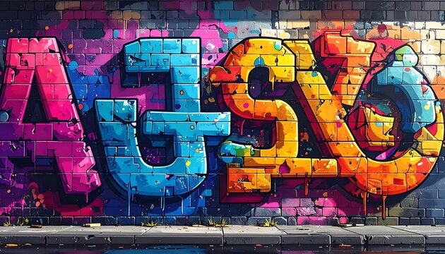 Vibrant mural on a brick wall with large, colorful letters, against a backdrop of splashed paint and sidewalk detail