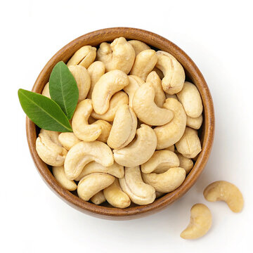 Premium raw cashew nuts in a wooden bowl isolated on white background.