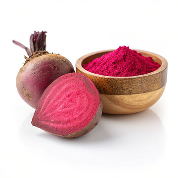 Vibrant Organic Beetroot Powder in Wooden Bowl with Fresh Sliced Beet on White Background.