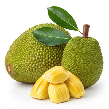 Ripe Exotic Jackfruit with Vibrant Green Leaves and Fresh Fleshy Bulbs Isolated for Food Design
