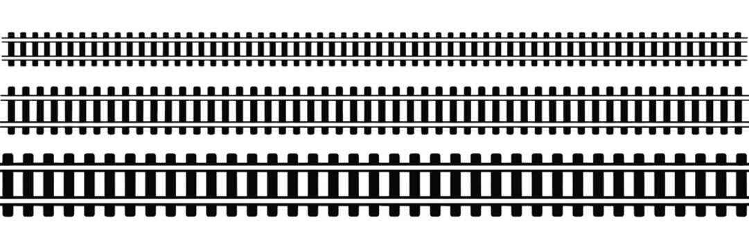 Editable railway track icon set, including rails symbol, train line sign, railroad pictogram, and vector track silhouette for digital maps, transportation apps, and railway infrastructure illustration