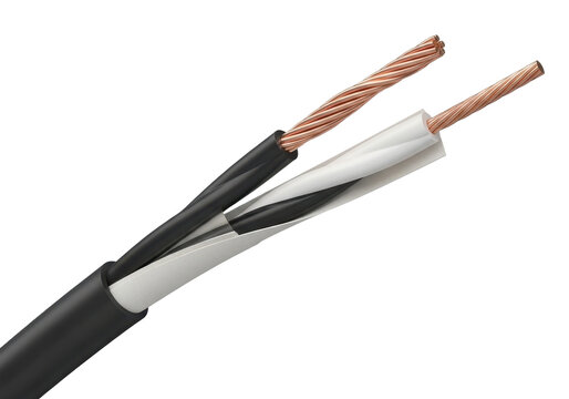 Close-up view of a twisted pair electrical wire with exposed copper conductors