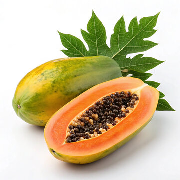 Fresh Ripe Papaya Fruit with Green Leaves on White Background