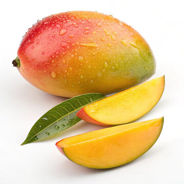 Fresh Ripe Mango Fruit with Slices and Green Leaf Isolated on White Background