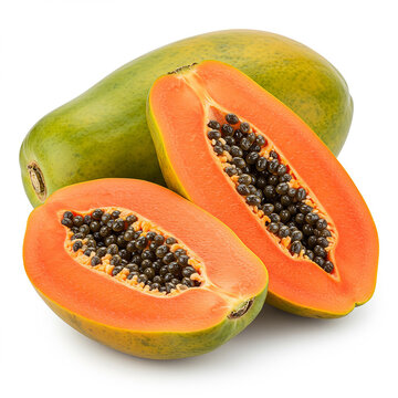 Two halves of fresh ripe papaya with vibrant orange flesh and seeds