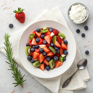 Healthy summer breakfast bowl with strawberries, blueberries, and kiwi
