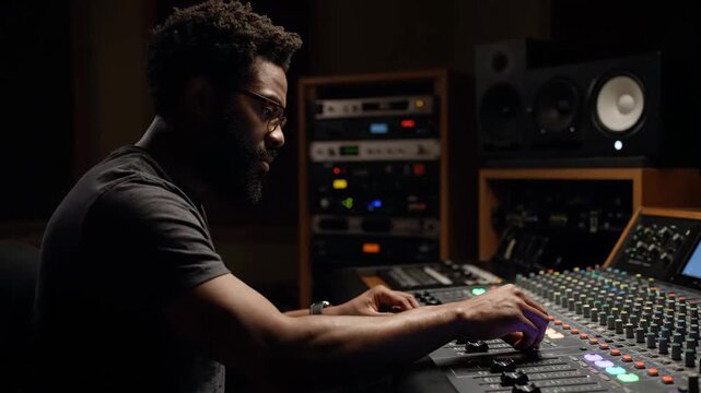 Focused black male sound engineer working on a professional mixing console in a recording studio. Music producer adjusting faders and mastering a new audio track for an album