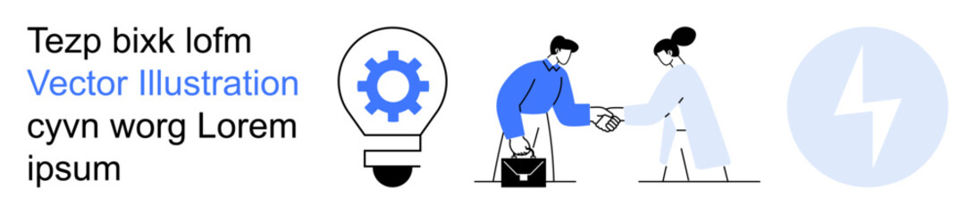 Business partnership, teamwork, innovation, technology concepts, professional collaboration, progress. Lightbulb with gear, handshake between two individuals lightning bolt icon. Business © robu_s