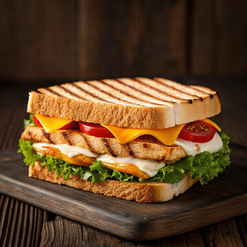 Delicious Double Decker Toasted Sandwich with Lettuce, Tomato and cheese 
