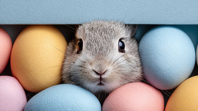 Cute baby bunny peeks out from colorful easter eggs in a playful springtime scene.