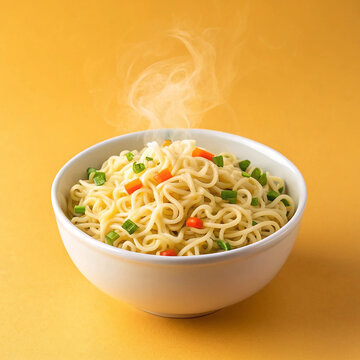 Steaming Bowl of Instant Noodles with Fresh Vegetables on Yellow Background
