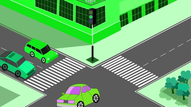 Car Accident at City Intersection, Animation of a car accident at an intersection with traffic lights