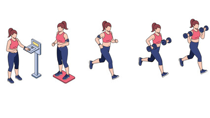 Fototapeta premium Sequence of woman performing various gym exercises shows fitness progress from checking weight to lifting heavy dumbbells.