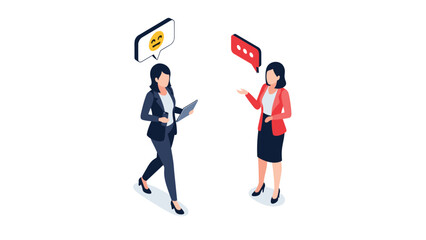 Fototapeta premium Two professional businesswomen in suits stand and talk to each other with emoji and speech bubbles above their heads.