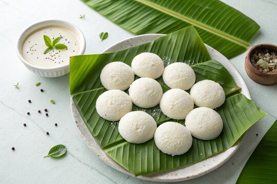 South Indian Breakfast with Fluffy Idlis and Coconut Chutney served on banana leaves.