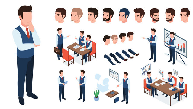 Thinking businessman character set features professional male in blue vest with various poses and office meeting scenes.