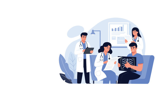 Medical team consisting of doctors and nurses collaborating on patient case while reviewing charts and X-ray.