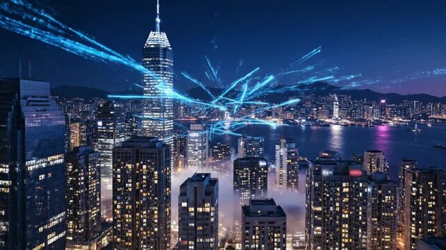 Futuristic Cityscape at Night with Skyscrapers