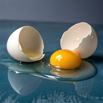 Freshly Broken White Egg with Vibrant Yellow Yolk on Blue Surface
