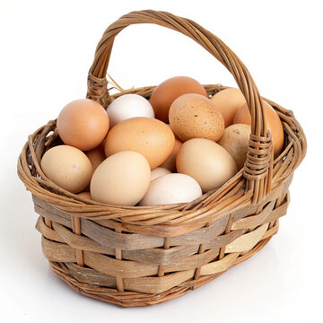 Basket of Farm Fresh Eggs isolated on white background.