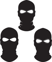 Three black ski masks or balaclavas with eye holes, presented as isolated icons for concepts of anonymity, security, or crime.