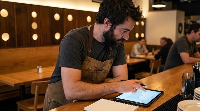 Focused cafe worker uses digital tablet for orders and management at a modern bar counter, enhancing service efficiency.