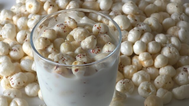 Milk Soaked Makhana in Glass water lily seeds Healthy Breakfast Drink