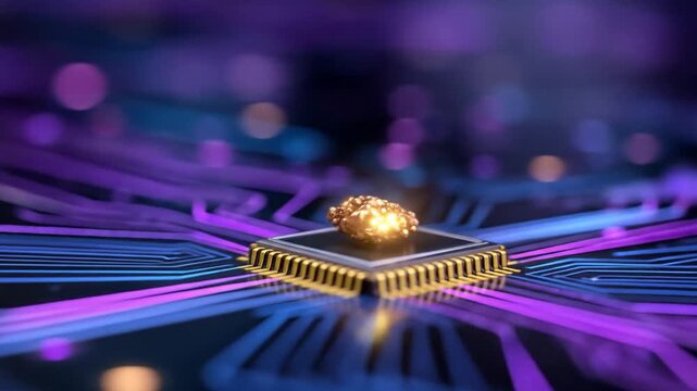 Golden nugget on a microchip processor, symbolizing digital data, AI, and advanced computing. Futuristic tech background.