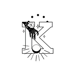 Vector illustration of a decorative uppercase letter 'K'. Ornate celestial style alphabet character with a galaxy texture, planetary ring, and stars. Isolated object on white background. © Marina