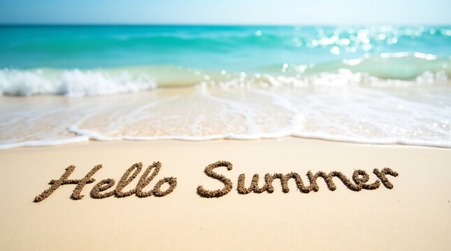 "Hello Summer" is written in the soft, pale sand of a beach, with gentle turquoise waves lapping at the shore and sunlight glinting off the water.