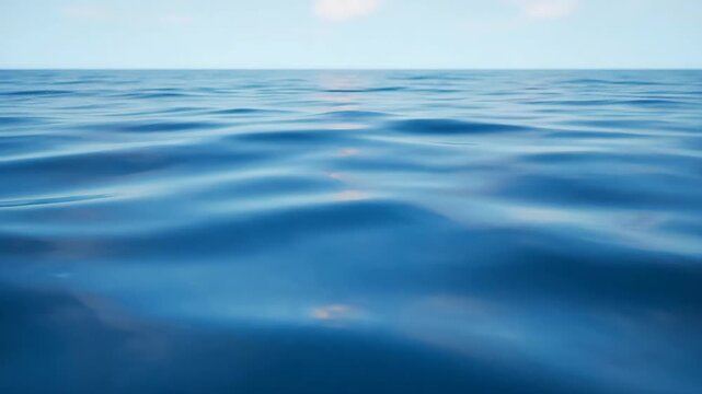 Calm blue ocean surface with gentle waves under a clear sky. Peaceful and serene water texture for a relaxing nature background. Seamlessly looping animation of a tranquil sea