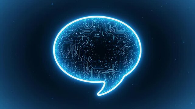 &ldquo;Glowing blue speech bubble with digital circuit pattern inside on dark background symbolizing AI and communication technology.&rdquo;